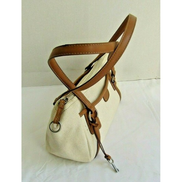 Fossil Key Shoulder Bag Tan Canvas Purse Brown Leather Trim Key Charm - Picture 4 of 7